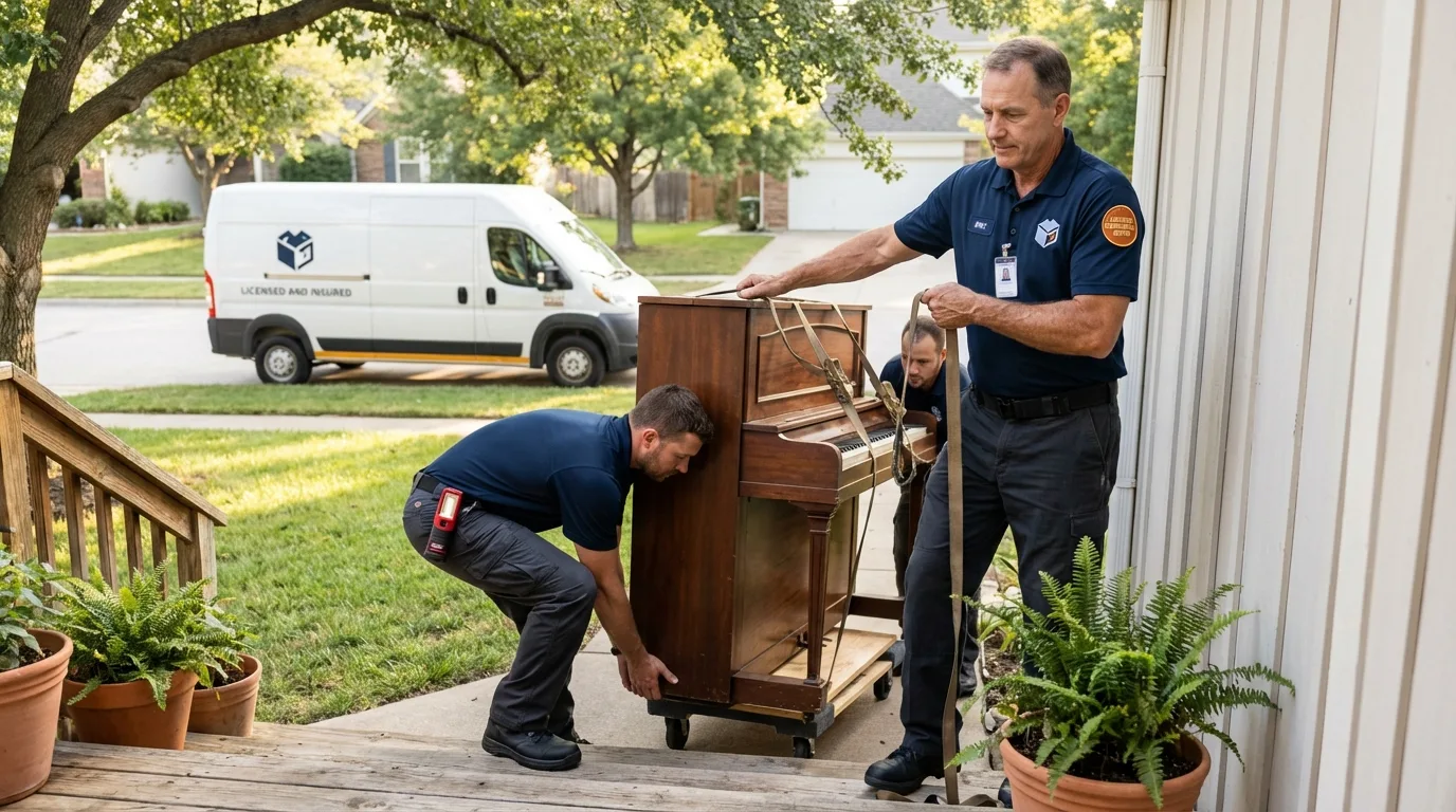 Licensed piano movers securing grand piano in Oregon, WI