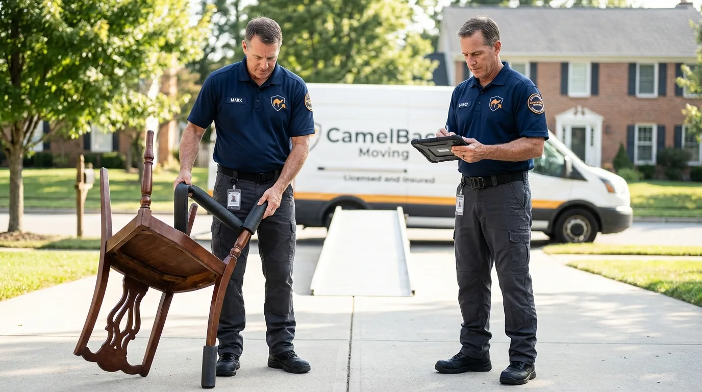 Movers inspecting furniture for damage prevention before loading in Oregon, WI