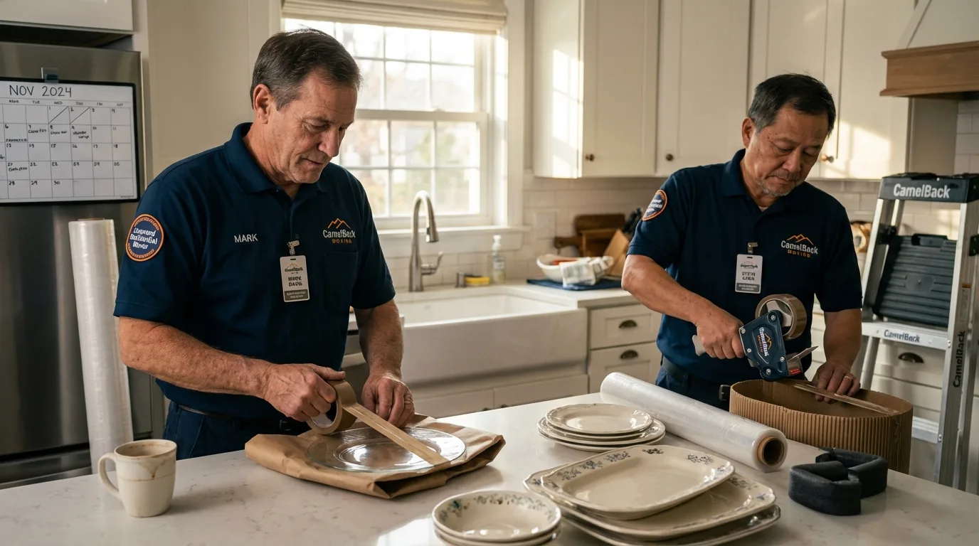 Professional crew packing kitchen dishware in Oregon, WI